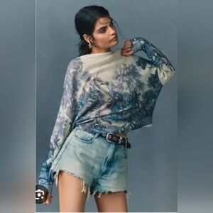 Rare Pilcro Alani Mock Neck Mystical Garden Cashmere Cream & Blue Sweater NWT S